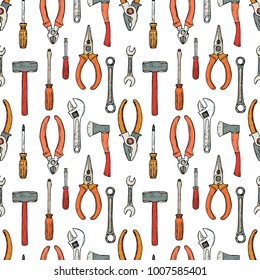Seamless pattern with house repair tools including hammer; sledgehammer; wrench; screwdriver; pliers and other. Vector hand drawn collection 