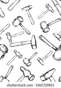 Seamless pattern with house repair tools including: hammers and sledgehammer. Sketch carpentry tools for vintage decoration. Hand drawn vector collection.