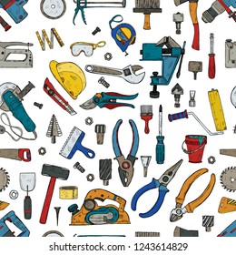 Seamless pattern with house repair tools including: hammer, sledgehammer, spatula, brush, nail, screw, nut, wrench  and other tools. Hand drawn vector collection