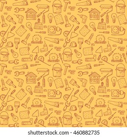 Seamless pattern with house repair tools. Home improvement icons. Hand Drawn Doodle Tools. Housework.