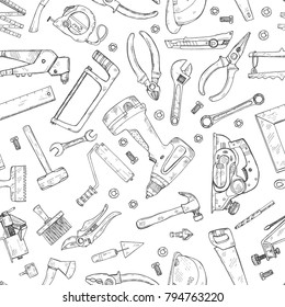 Seamless pattern with house repair tools including: hammer, sledgehammer, spatula, brush, nail, screw, nut, wrench  and other tools. Hand drawn vector collection