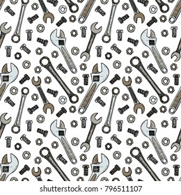 Seamless pattern with house repair tools including wrenchs, bolts and other. Vector hand drawn collection