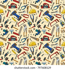 Seamless pattern with house repair tools including: hammer, sledgehammer, spatula, brush, nail, screw, nut, wrench  and other tools. Hand drawn vector collection