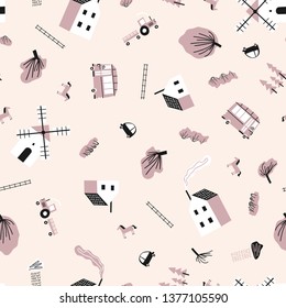 Seamless pattern with house, trees, horses, mills and road. Europe nature landscape concept. Perfect for kids fabric, textile, nursery wallpaper. Seamless landscape. Pink background.