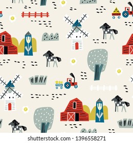 Seamless pattern with house, trees, horses, mills and floral. Europe nature landscape concept. Perfect for kids fabric, textile, nursery wallpaper. Seamless landscape.