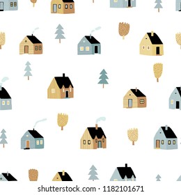 Patrón sin foco con la casa y los árboles. Concepto de paisaje natural nórdico. Perfecto para tela infantil, textil, tapicería de vivero. Estilo escandinavo.