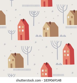 Seamless pattern with house and trees. Nordic nature landscape concept. Perfect for kids fabric, textile, nursery wallpaper. Scandinavian style. Winter landscape.