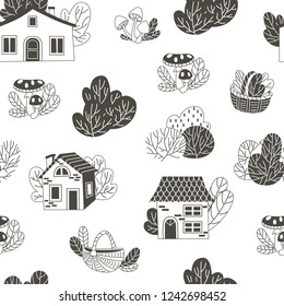 Seamless Pattern  with House and Trees on White Background. 