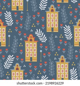 Seamless pattern with house, tulip, branches, leaves on blue background. Perfect for greeting card, wallpaper, wrapping paper, fabric. Vector illustration
