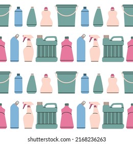 Seamless pattern with household chemicals, cleaners, bucket etc. Dishwashing, house cleaning and laundry.
Hand drawn vector illustration isolated on white background in pastel colors.