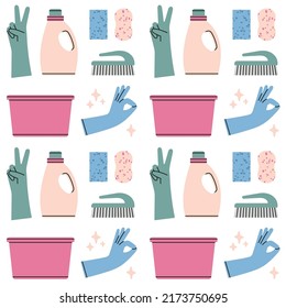 Seamless pattern with household chemicals, cleaners, basin, brush, sponges and rubber gloves. House cleaning and laundry.
Hand drawn vector illustration isolated on white background in trendy colors.