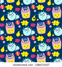 Seamless pattern, household items toys, cactus, dishes. Kavayny faces, emotions, expressions