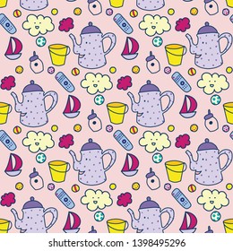 Seamless pattern, household items toys, cactus, dishes. Kavayny faces, emotions, expressions