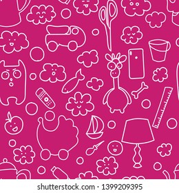 Seamless pattern, household items toys, cactus, dishes.  
