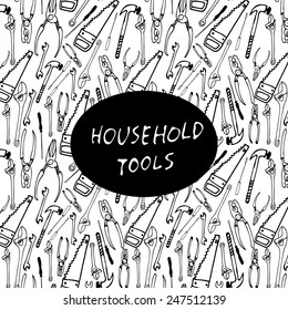 seamless pattern of household tools and black icon on it