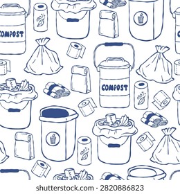 Seamless Pattern of Household Waste Management and Composting. Garbage Bin, Compost Bucket, and Trash Bag Roll on White Background. Zero Waste and Eco-Friendly Sanitation. Outline Vector Illustration