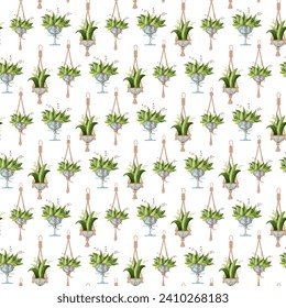Seamless pattern. Houseplant and macrame plant growing in pots. Set of handmade home decorations macrame plants isolated on white background. Cartoon flat illustration