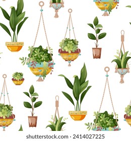 Seamless pattern. Houseplant and macrame plant growing in pots. Set of handmade home decorations macrame plants isolated on white background. Cartoon flat illustration.