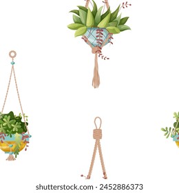Seamless pattern. Houseplant and macrame plant growing in pots. Set of handmade home decorations macrame plants isolated on white background. Cartoon flat illustration