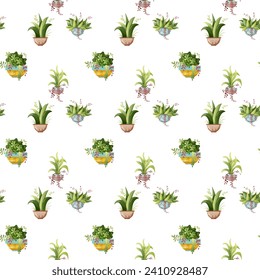 Seamless pattern. Houseplant plant growing in pots. Set of handmade home plants isolated on white background. Cartoon flat illustration
