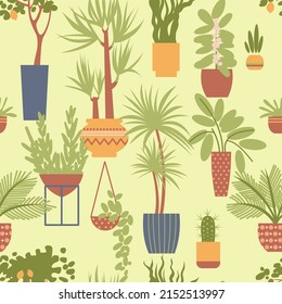 Patrón sin foco con plantas domésticas. Hogares en macetas de cerámica sobre un fondo verde claro. Flores exóticas de textura colorida. Estilo plano, ilustración vectorial.