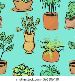 Seamless pattern with houseplants in ceramic pots. Cactus, palm, pipal