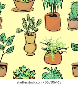 Seamless pattern with houseplants in ceramic pots. Cactus, palm, pipal