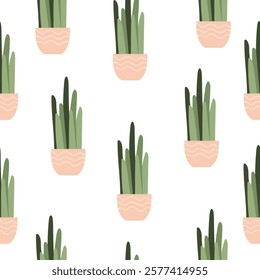 Seamless pattern of houseplants in creamy pots with green leaves on a white background