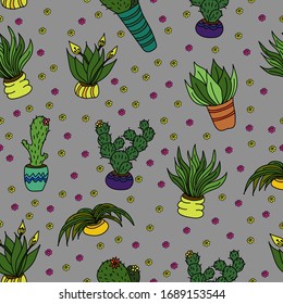 Seamless pattern with houseplants. Doodle, cartoon style. Vector illustration