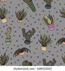 Seamless pattern with houseplants. Doodle, cartoon style. Vector illustration
