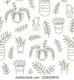 seamless pattern with houseplants in doodle style. Vector illustration isolated on white background for your design