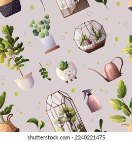 Patrón sin foco con plantas domésticas. Florario, huerto, invernadero, jardinería, concepto de amante de las plantas. Ilustración vectorial.