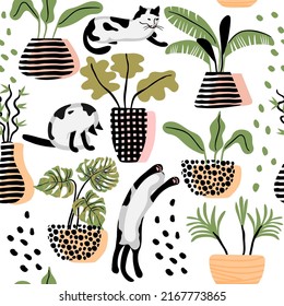 Seamless pattern with houseplants in flowerpots and black-white cats in Memphis style. Trendy colored background and texture for printing on fabric and paper.Vector hand drawn isolated illustration.