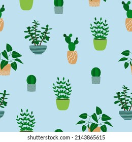 Seamless pattern of houseplants in flowerpots. Cartoon colorful plants on blue background