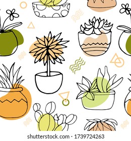 Nahtloses Muster mit Hauspflanzen. Blumen auf weißem Hintergrund. Vector Illustration mit Haushaltsanlagen Verpackungspapier Design. Druck auf Stoffe, Verpackungspapier. Doodle-Stil. Federmuster.