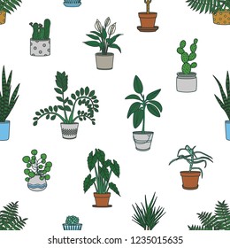 Seamless pattern with houseplants growing in planters on white background. Backdrop with decorative potted plants. Home gardening. Vector illustration for wrapping paper, fabric print, wallpaper.