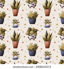 Seamless pattern with houseplants. Home gardening, potted plants concept. Vector illustration for wrapping paper, scrapbooking, product design.