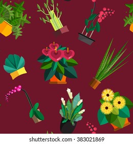 Seamless pattern of houseplants, indoor and office plants in pot. Dracaena, fern, bamboo, spathyfyllium, orchids, Calla lily, aloe vera, gerbera, snake plant, anthuriums. Flat vector illustration