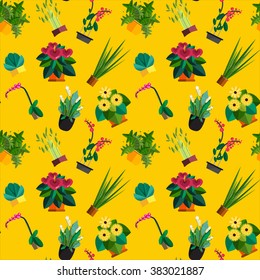 Seamless pattern of houseplants, indoor and office plants in pot. Dracaena, fern, bamboo, spathyfyllium, orchids, Calla lily, aloe vera, gerbera, snake plant, anthuriums. Flat vector illustration