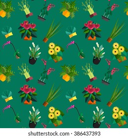 Seamless pattern of houseplants, indoor and office plants in pot. Dracaena, fern, bamboo, spathyfyllium, orchids, Calla lily, aloe vera, gerbera, snake plant, anthuriums. Flat vector illustration