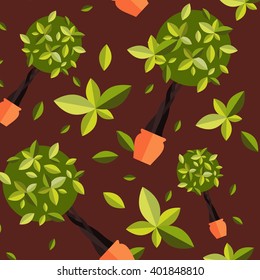 Seamless pattern with houseplants, indoor and office flowers in pot.