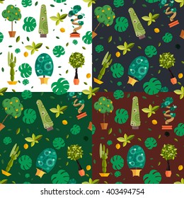Seamless pattern with houseplants, indoor and office flowers in pot.Potted plants for green home decoration set vector illustration, garden trees with leaf in flat style background