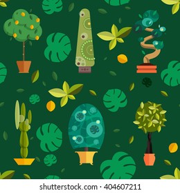 Seamless pattern with houseplants, indoor and office flowers in pot.Potted plants for green home decoration set vector illustration, garden trees with leaf in flat style background