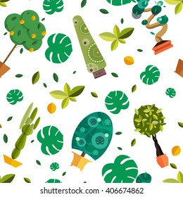 Seamless pattern with houseplants, indoor and office flowers in pot.Potted plants for green home decoration set vector illustration, garden trees with leaf in flat style background