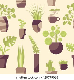 Seamless pattern of houseplants, indoor and office plants in pot. Flat seamless plants, vector
