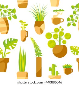 Seamless pattern of houseplants, indoor and office plants in pot. Flat seamless plants with white background.