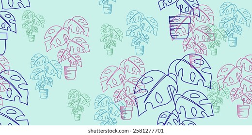 Seamless pattern with houseplants. Indoor plant in pot. Chaotic composition on white background. Vector illustration for wrapping paper, covers, textile print.