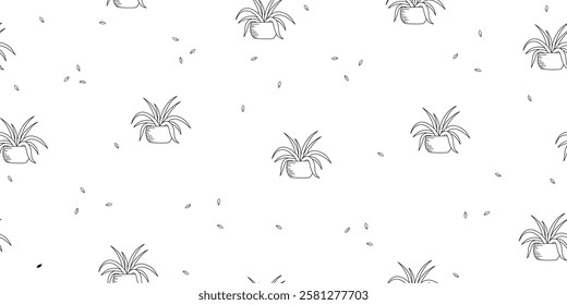 Seamless pattern with houseplants. Indoor plant in pot. Chaotic composition on white background. Vector illustration for wrapping paper, covers, textile print.