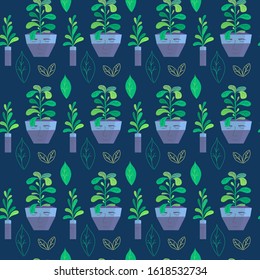 Seamless pattern with houseplants and leaves in trendy colors. Indoor plant in blue pot and vase with drawn human face. Flat and outline style. Vector illustration for wrapping paper, covers, textile