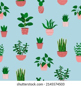 Seamless pattern of houseplants in pink flowerpots. Cartoon colorful plants on blue background